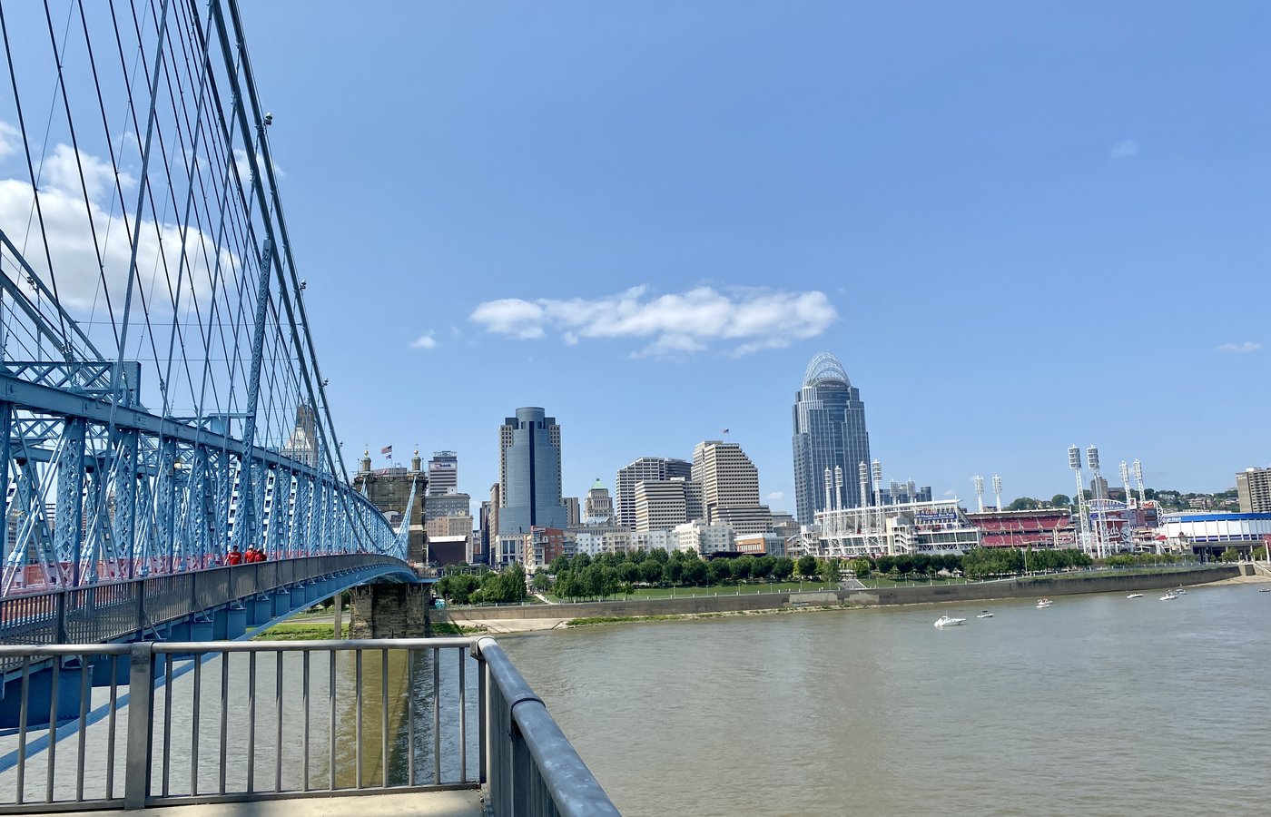 Cincinnati skyline viewed from the Roebling Bridge in Covington