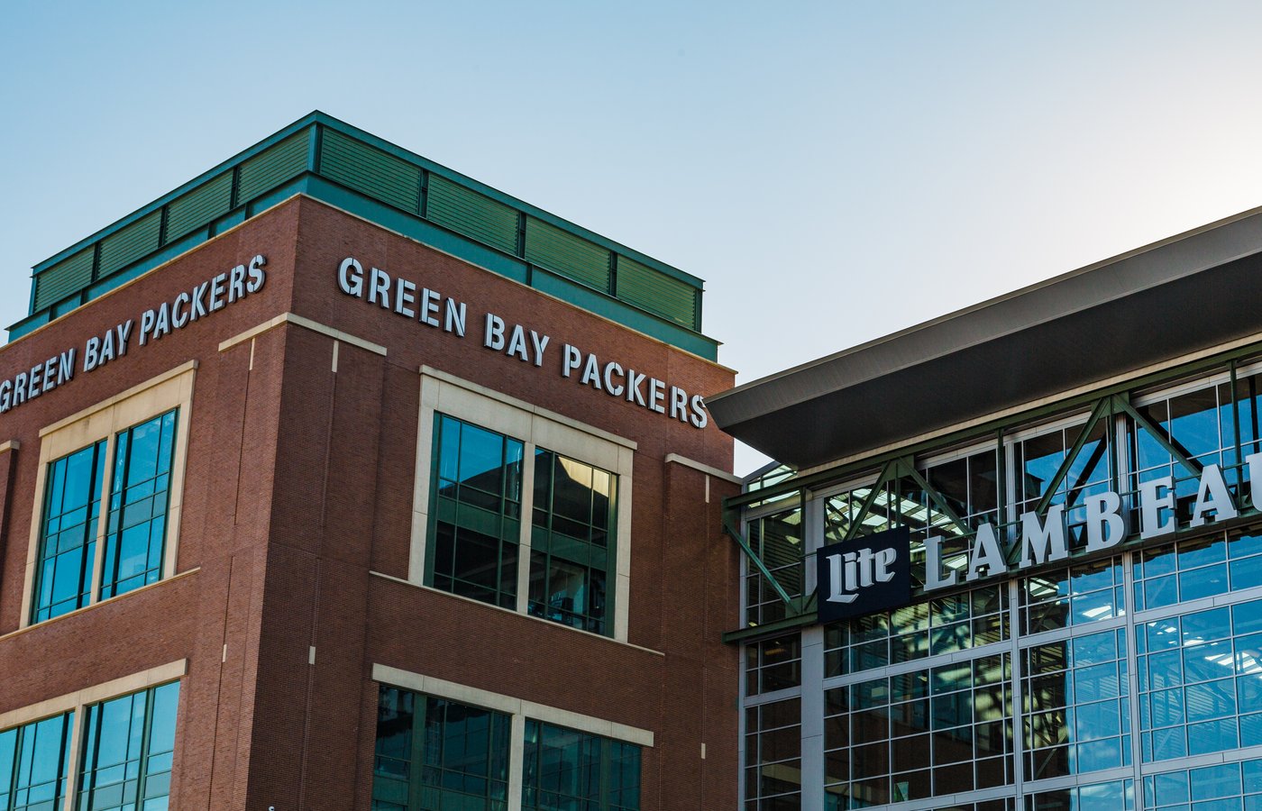 Lambeau Field atrium exterior in Green Bay